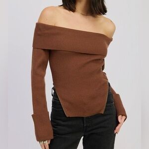 Brown Knit Off-The-Shoulder Sweater